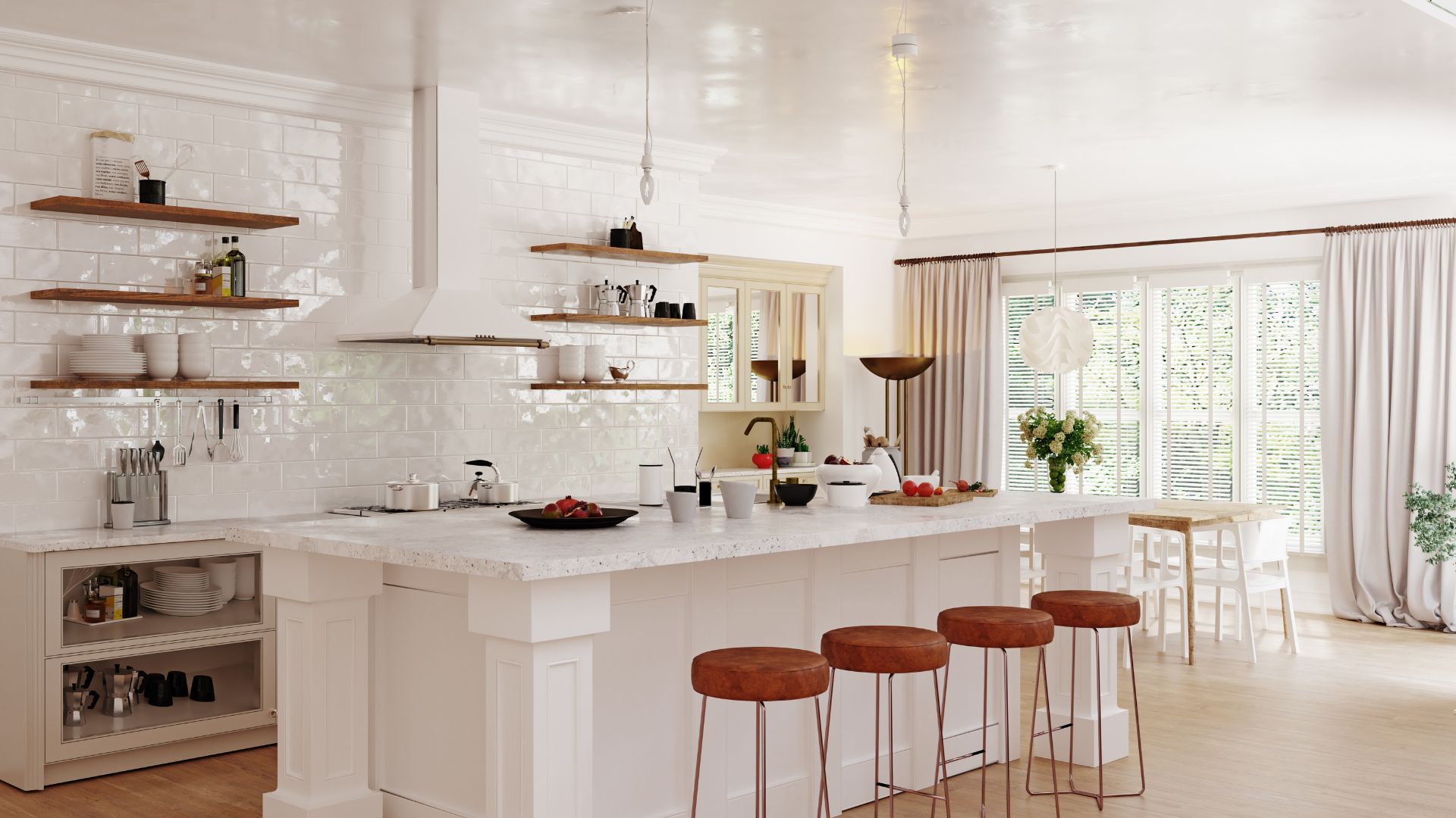 Bright, modern kitchen with white tiles, wooden shelves, and brown bar stools